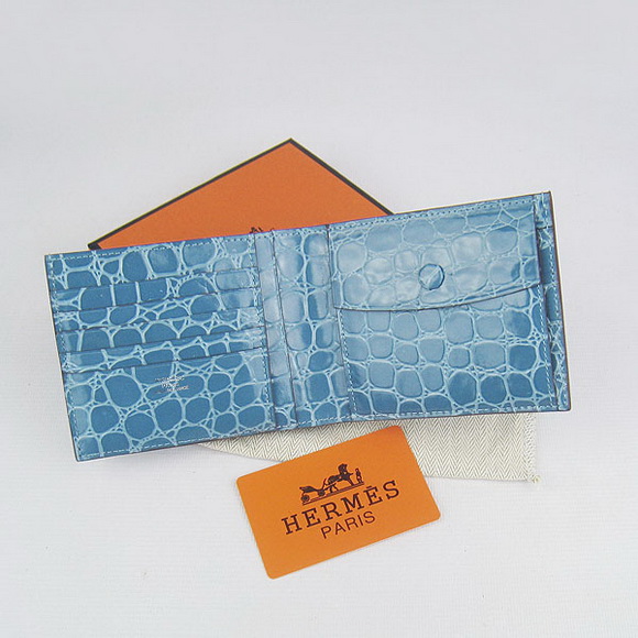 Cheap Replica Hermes Light-Blue Crocodile Veins Bi-Fold Wallet H014